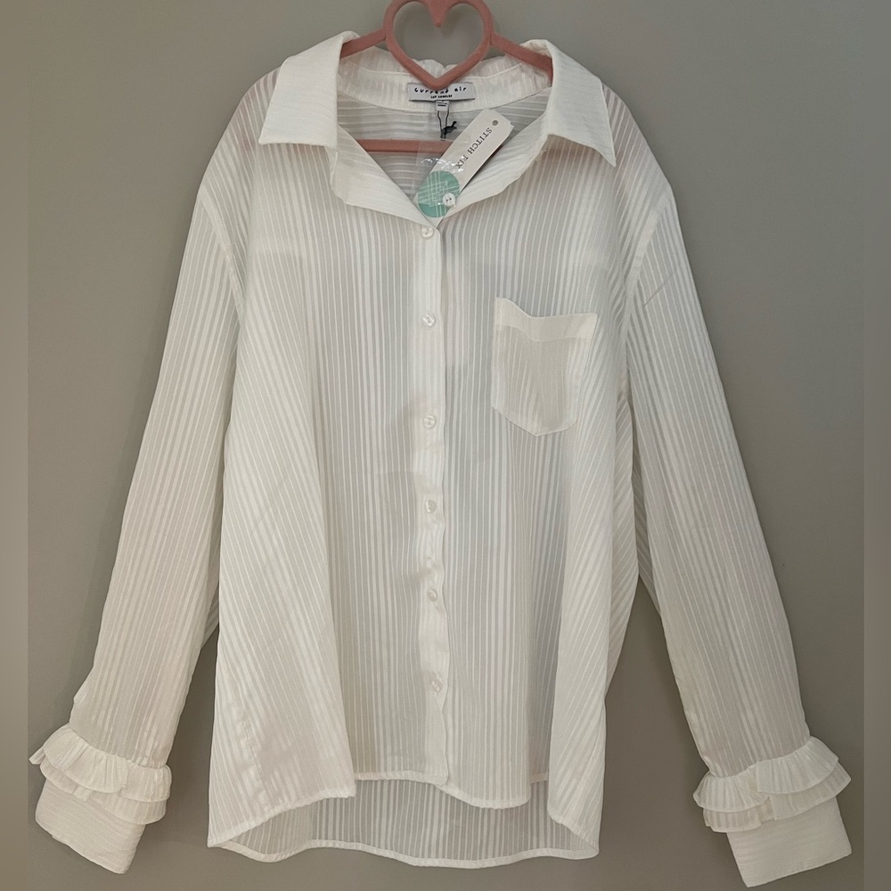 NWT Current Air White Ruffle Sleeve Chic Button Down Pinstripe Blouse Shirt